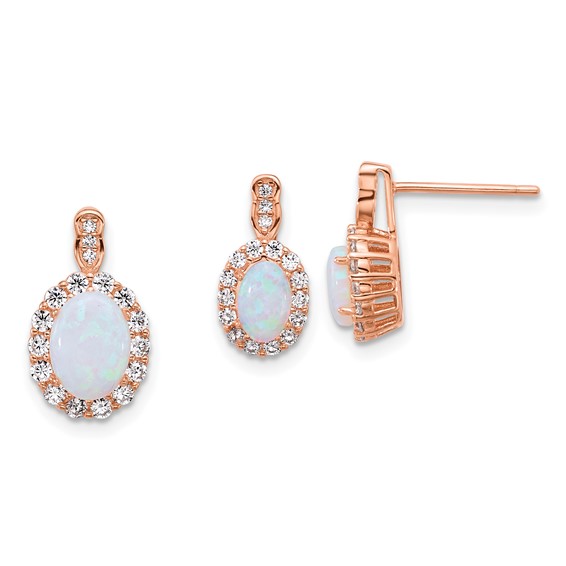 Sterling Silver Rose-tone Polished Lab Created Opal and CZ Oval Halo Post Earrings and Chain Slide Pendant Set