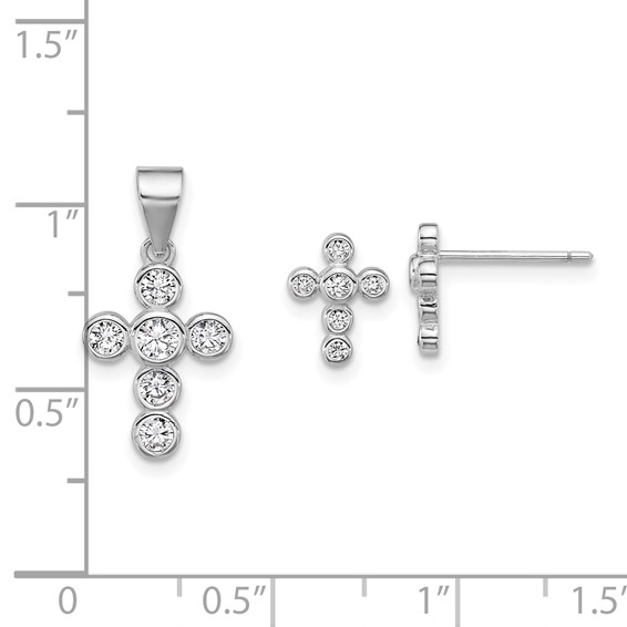 Sterling Silver Rhodium-plated Polished CZ Cross Post Earrings and Pendant Set