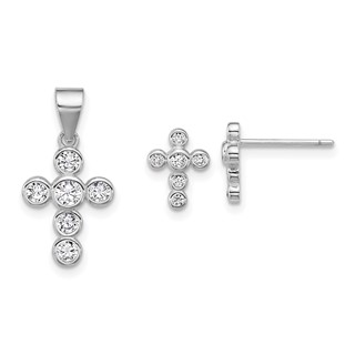 Sterling Silver Rhodium-plated Polished CZ Cross Post Earrings and Pendant Set