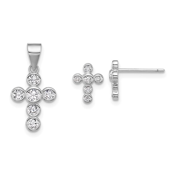Sterling Silver Rhodium-plated Polished CZ Cross Post Earrings and Pendant Set