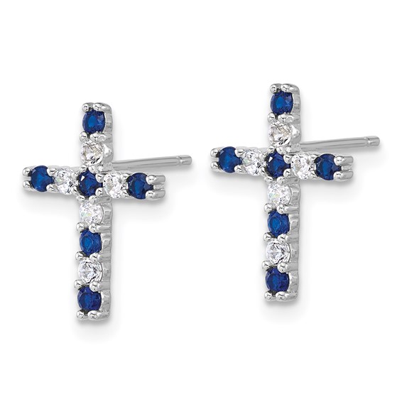 Sterling Silver Rhodium-plated Polished Blue and White CZ Cross Post Earrings and Chain Slide Pendant Set