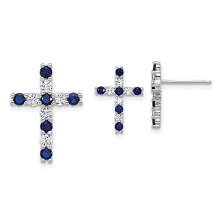 Sterling Silver Rhodium-plated Polished Blue and White CZ Cross Post Earrings and Chain Slide Pendant Set