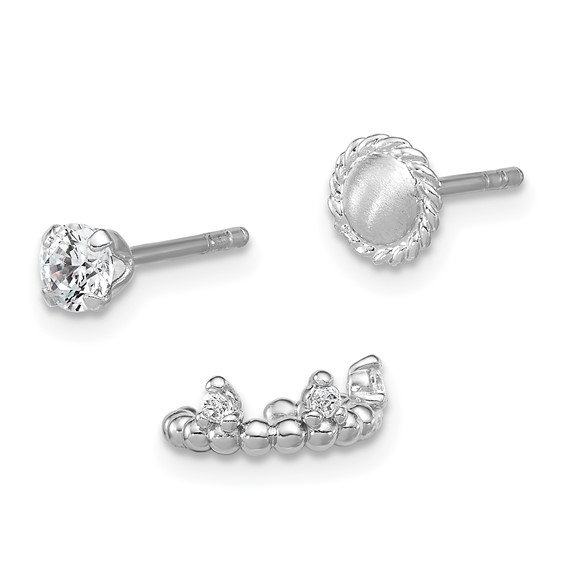 Sterling Silver Rhodium-plated Textured CZ Stud/Circle/Ear Cuff Set of 3 Single Earrings Set