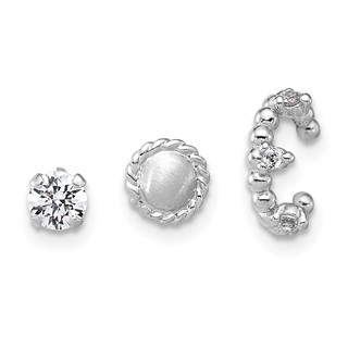 Sterling Silver Rhodium-plated Textured CZ Stud/Circle/Ear Cuff Set of 3 Single Earrings Set
