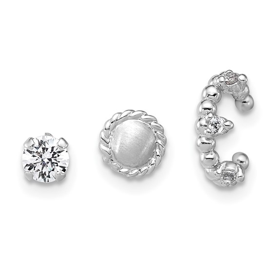 Sterling Silver Rhodium-plated Textured CZ Stud/Circle/Ear Cuff Set of 3 Single Earrings Set