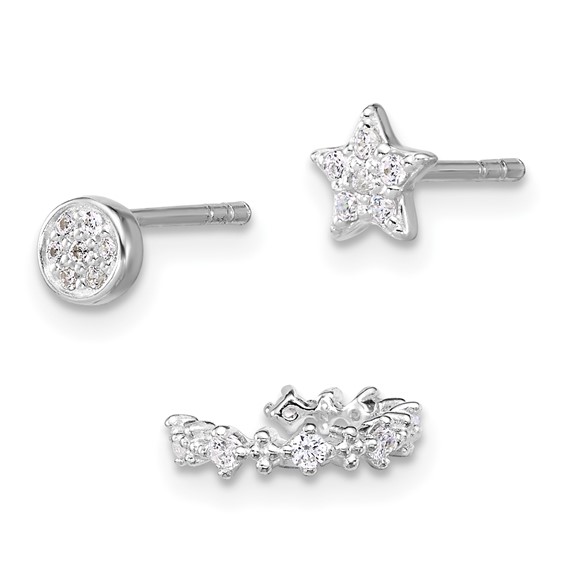 Sterling Silver Rhodium-plated Polished CZ Star/Circle/Ear Cuff Set of 3 Single Earrings Set