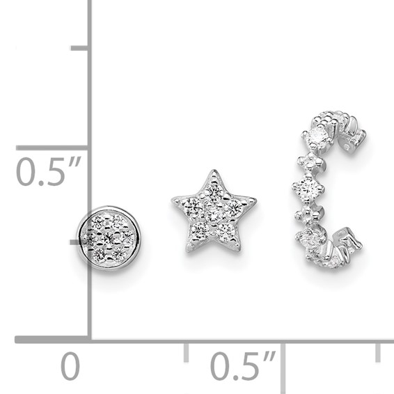 Sterling Silver Rhodium-plated Polished CZ Star/Circle/Ear Cuff Set of 3 Single Earrings Set