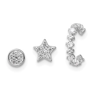 Sterling Silver Rhodium-plated Polished CZ Star/Circle/Ear Cuff Set of 3 Single Earrings Set