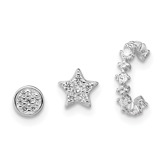 Sterling Silver Rhodium-plated Polished CZ Star/Circle/Ear Cuff Set of 3 Single Earrings Set