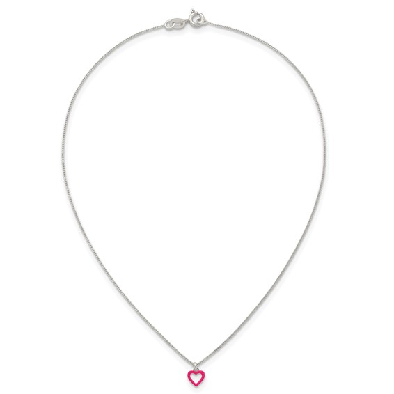 Sterling Silver Polished Pink Enamel Open Heart Childrens 14 inch Necklace and Post Earrings Set