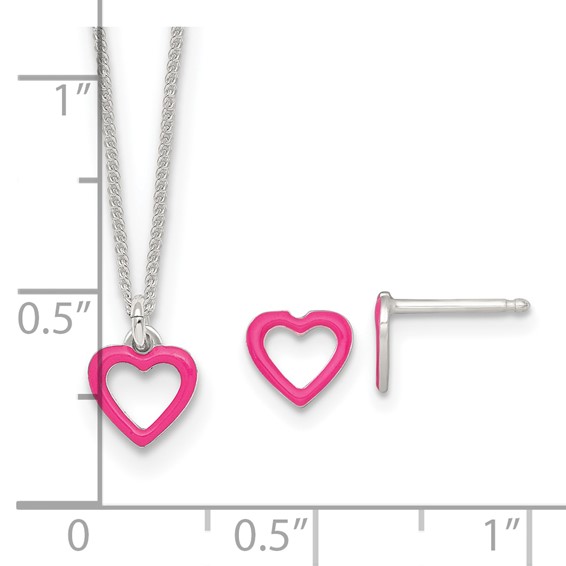 Sterling Silver Polished Pink Enamel Open Heart Childrens 14 inch Necklace and Post Earrings Set