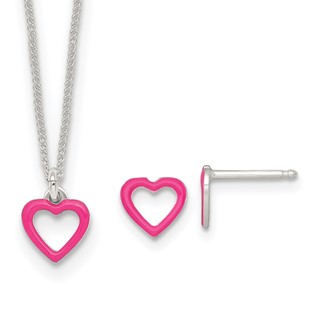 Sterling Silver Polished Pink Enamel Open Heart Childrens 14 inch Necklace and Post Earrings Set