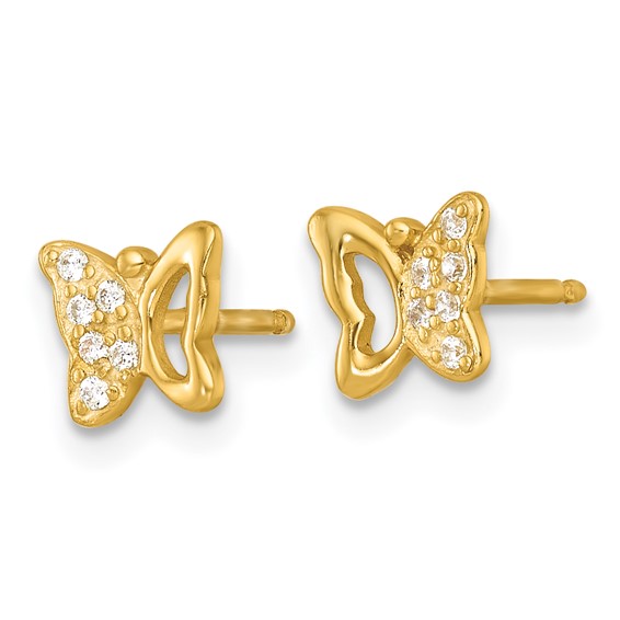 Sterling Silver Gold-tone White CZ Butterfly Childrens 14 inch Necklace and Post Earrings Set