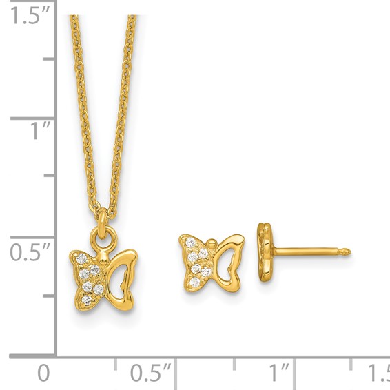 Sterling Silver Gold-tone White CZ Butterfly Childrens 14 inch Necklace and Post Earrings Set