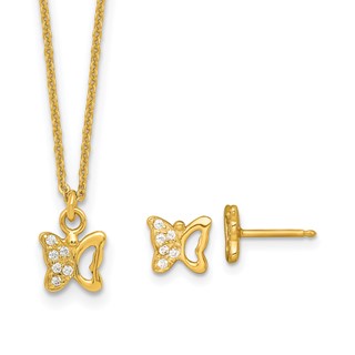 Sterling Silver Gold-tone White CZ Butterfly Childrens 14 inch Necklace and Post Earrings Set