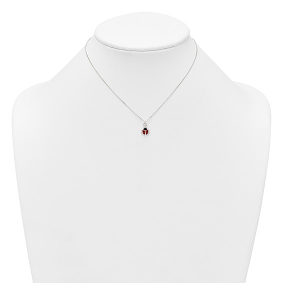 Sterling Silver Polished Red and Black Enameled Ladybug Childrens 14 inch Necklace and Post Earrings Set