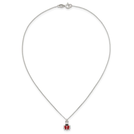 Sterling Silver Polished Red and Black Enameled Ladybug Childrens 14 inch Necklace and Post Earrings Set