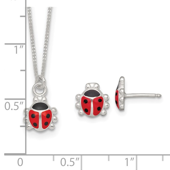 Sterling Silver Polished Red and Black Enameled Ladybug Childrens 14 inch Necklace and Post Earrings Set