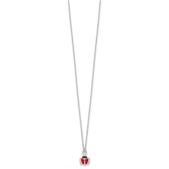 Sterling Silver Polished Red and Black Enameled Ladybug Childrens 14 inch Necklace and Post Earrings Set