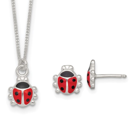 Sterling Silver Polished Red and Black Enameled Ladybug Childrens 14 inch Necklace and Post Earrings Set