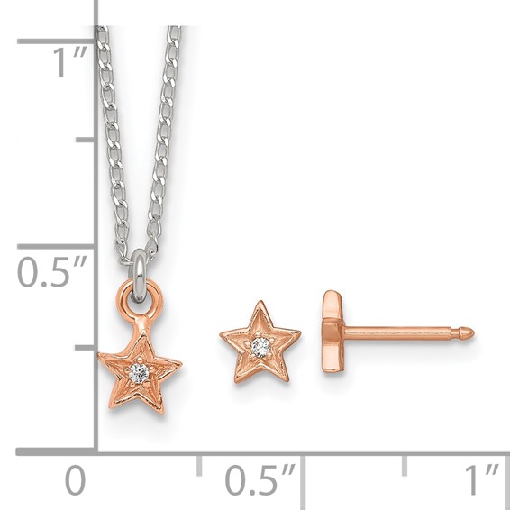 Sterling Silver Rose-tone White CZ Star Childrens 14 inch Necklace and Post Earrings Set