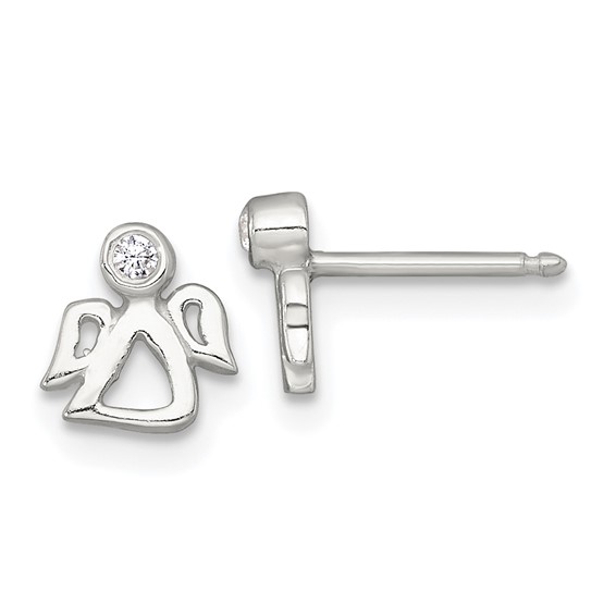 Sterling Silver Polished White CZ Angel Childrens 14 inch Necklace and Post Earrings Set