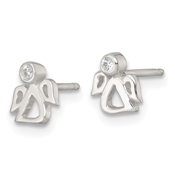 Sterling Silver Polished White CZ Angel Childrens 14 inch Necklace and Post Earrings Set