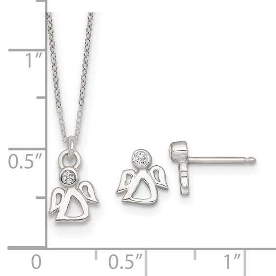 Sterling Silver Polished White CZ Angel Childrens 14 inch Necklace and Post Earrings Set