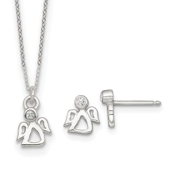 Sterling Silver Polished White CZ Angel Childrens 14 inch Necklace and Post Earrings Set