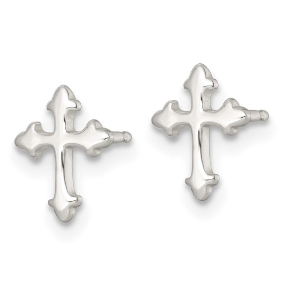 Sterling Silver Polished Cross Childrens 14 inch Necklace and Post Earrings Set