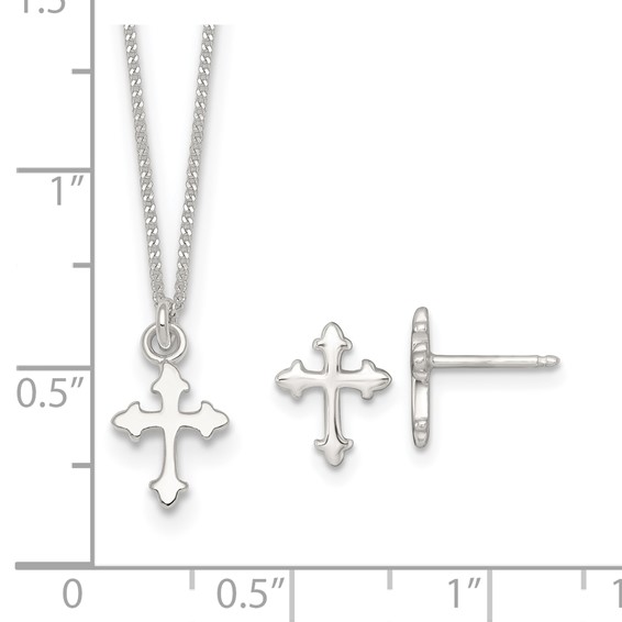 Sterling Silver Polished Cross Childrens 14 inch Necklace and Post Earrings Set