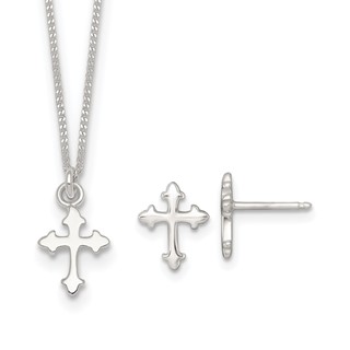 Sterling Silver Polished Cross Childrens 14 inch Necklace and Post Earrings Set