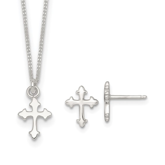 Sterling Silver Polished Cross Childrens 14 inch Necklace and Post Earrings Set