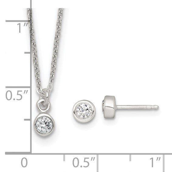 Sterling Silver Polished 4mm White CZ Childrens 14 inch Necklace and Post Earrings Set
