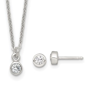 Sterling Silver Polished 4mm White CZ Childrens 14 inch Necklace and Post Earrings Set