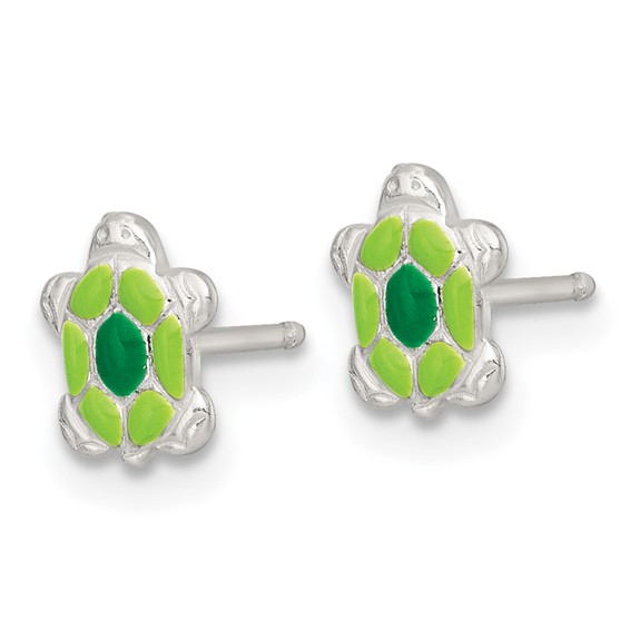 Sterling Silver Polished Green Enameled Turtle Childrens 14 inch Necklace and Post Earrings Set