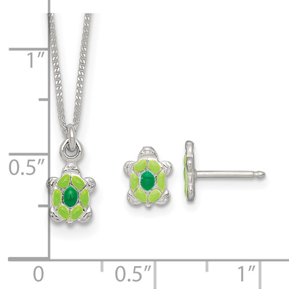 Sterling Silver Polished Green Enameled Turtle Childrens 14 inch Necklace and Post Earrings Set