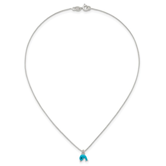 Sterling Silver Polished Blue and Black Enameled Dolphin Childrens 14 inch Necklace and Post Earrings Set