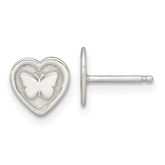 Sterling Silver Polished and Textured Butterfly in Heart Childrens 14 inch Necklace and Post Earrings Set