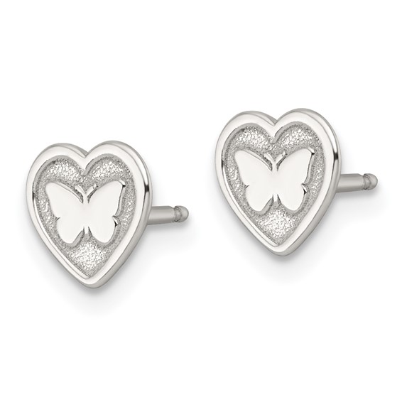 Sterling Silver Polished and Textured Butterfly in Heart Childrens 14 inch Necklace and Post Earrings Set