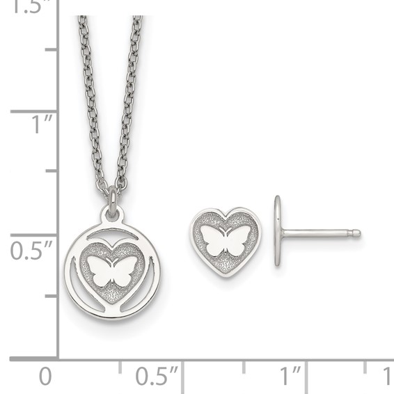 Sterling Silver Polished and Textured Butterfly in Heart Childrens 14 inch Necklace and Post Earrings Set