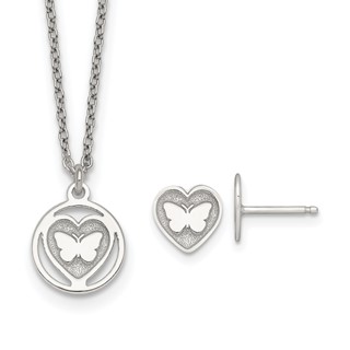 Sterling Silver Polished and Textured Butterfly in Heart Childrens 14 inch Necklace and Post Earrings Set