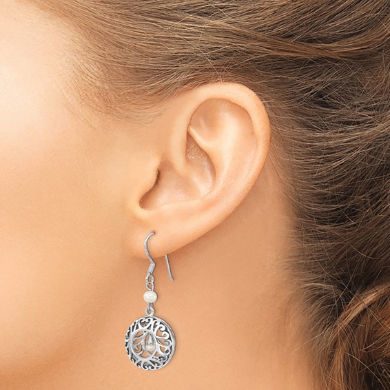 Sentimental Expressions Sterling Silver Rhodium-plated Antiqued FW Cultured Pearls of Wisdom Dangle Earrings