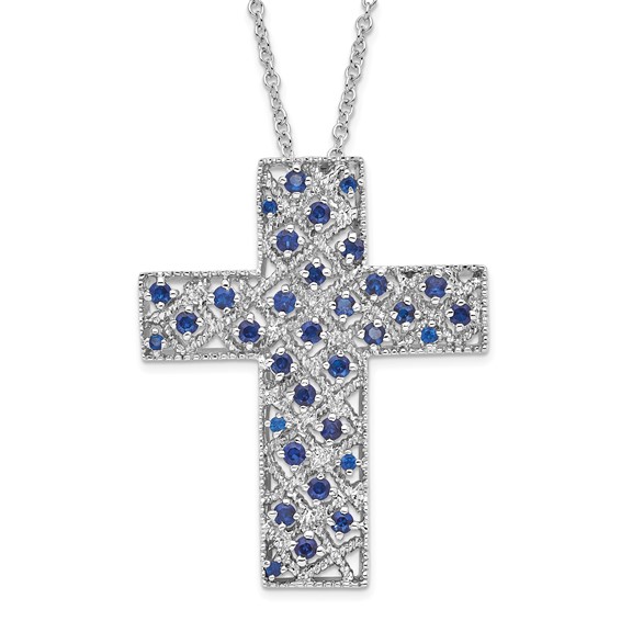 Sentimental Expressions Sterling Silver Polished September Blue CZ Birthstone Message of the Cross Necklace