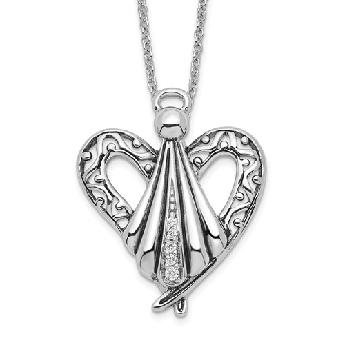 Sentimental Expressions Sterling Silver Rhodium-plated CZ Antiqued Angel of Friendship Necklace, 18"