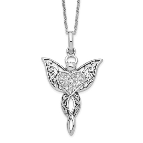 Sentimental Expressions Sterling Silver Rhodium-plated CZ Antiqued Angel of Blessing Necklace, 18"