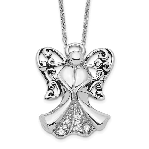 Sentimental Expressions Sterling Silver Rhodium-plated CZ Antiqued Angel of Strength Necklace, 18"
