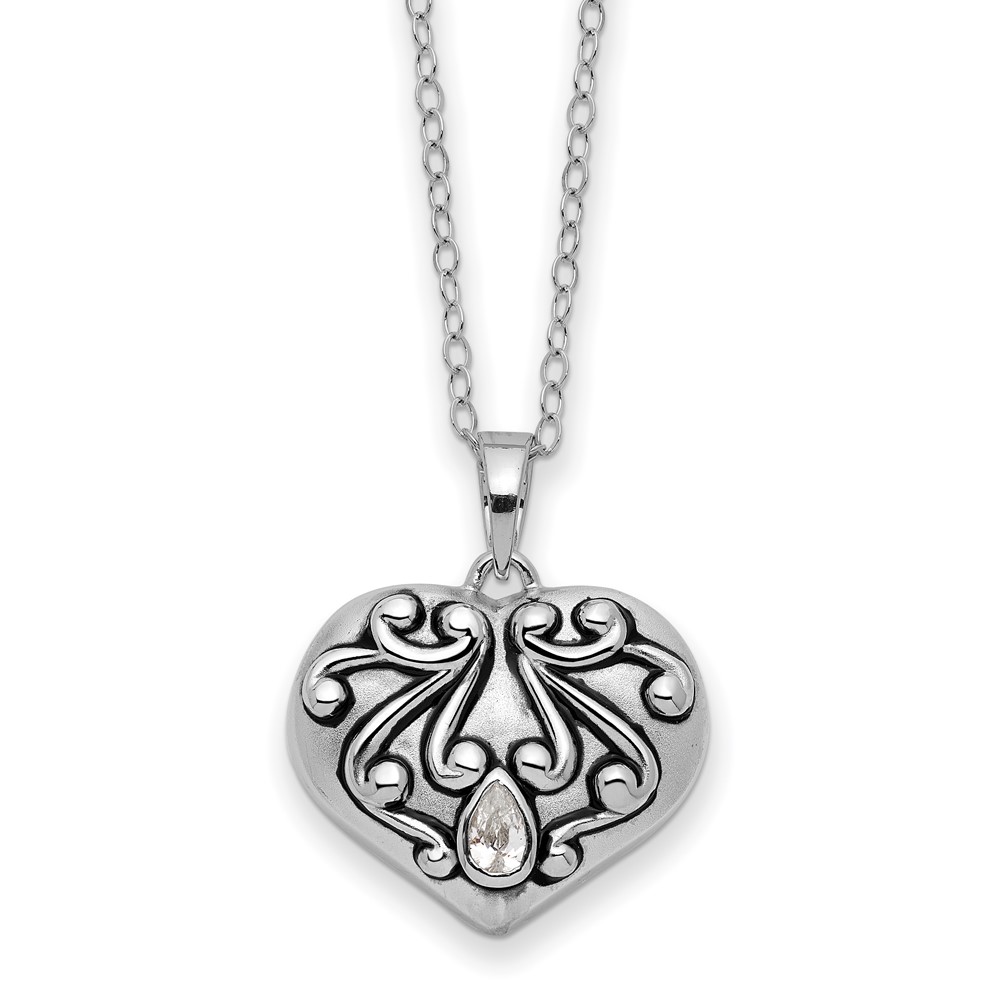Sterling Silver Antiqued CZ Heart Remembrance Ash Holder 18in Necklace