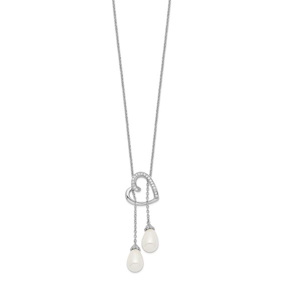 Sentimental Expressions Sterling Silver Rhodium-plated FW Cultured Pearl CZ Two Become One 18in Heart Necklace