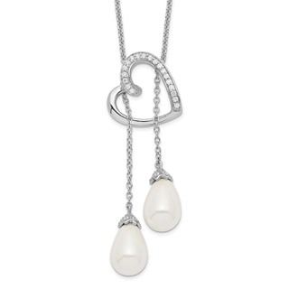Sentimental Expressions Sterling Silver Rhodium-plated FW Cultured Pearl CZ Two Become One 18in Heart Necklace